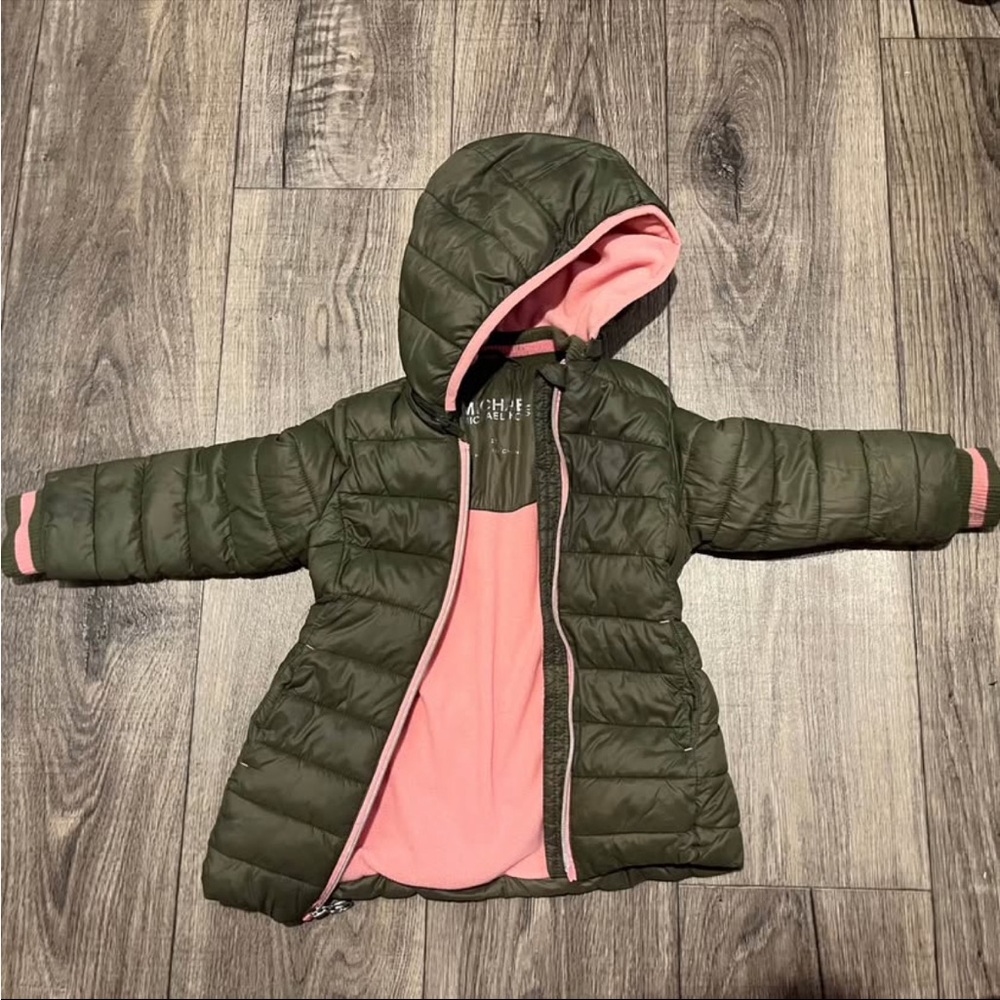 Michael Kors Olive and Pink Hooded Puffer Coat